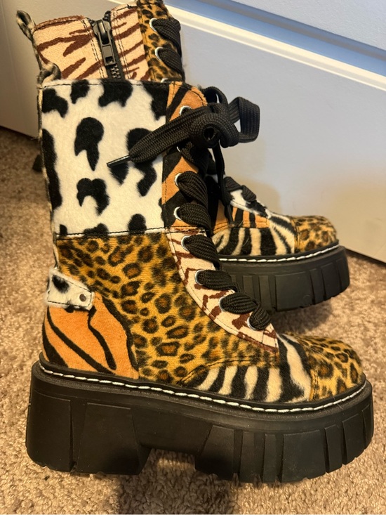 Current Mood Shoes - Party animal zebra cheetah , cheetah print furry combat platform Boots